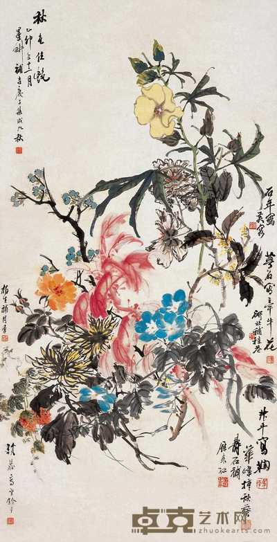 倪田 金梦石等 乙卯(1915年)作 花卉 立轴 130×66cm